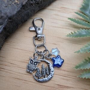 Silver Owl and Moon Keychain with Blue Star Charm / Purse Charm
